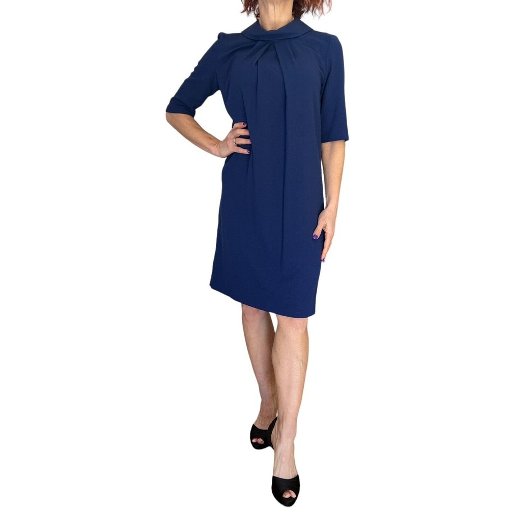 NISSA WOMEN'S DRESS BLUE KNIT PLEATED COLLARED 1/2 ELBOW  SLEEVE  SZ 8